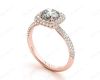 Round Cut Diamond Ring with Micro Pave Set Diamonds on Halo and Down the Shoulders in 18K Rose