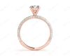 Round Cut claw set diamond ring with micro pave set side stone in 18K Rose