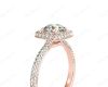 Round Cut Diamond Ring with Micro Pave Set Diamonds on Halo and Down the Shoulders in 18K Rose