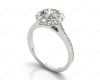 Round Cut Flower Halo Diamond Ring with a Claw Set Halo and Pave Set Side Stones in 18k White