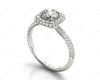 Round Cut Diamond Ring with Micro Pave Set Diamonds on Halo and Down the Shoulders in Platinum