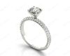 Round Cut claw set diamond ring with micro pave set side stone in 18K White