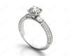 Vintage Style Round Cut Four Claw Diamond Ring with Pave Milgrain Set Side Stones In 18K White