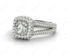 Round Cut Split Shank Milgrain Halo Engagement Ring with Micro Pave Set Diamonds on the Halo and Sidestones in 18K White