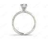 Round Cut claw set diamond ring with micro pave set side stone in 18K White