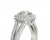 Round Cut Split Shank Milgrain Halo Engagement Ring with Micro Pave Set Diamonds on the Halo and Sidestones in Platinum