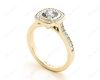 Cushion Cut Halo Ring with Bezel set centre stone with Side Stones in 18K Yellow