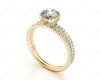 Round Cut Four Double Claw Set Diamond Ring with Pave Set Diamonds Down The Shoulders in 18K Yellow