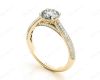 Vintage Style Round Cut Four Claw Set Diamond Ring with Micro Pave Set Stones Down the Shoulders In 18K Yellow