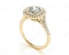 Round Cut Split Shank Diamond Engagement Ring with Double Halo and Pave Set Side Stones in 18K Yellow