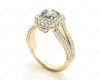 Round Cut Split Shank Milgrain Halo Engagement Ring with Micro Pave Set Diamonds on the Halo and sidestones in 18K Yellow