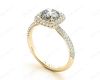 Round Cut Diamond Ring with Micro Pave Set Diamonds on Halo and Down the Shoulders in 18K Yellow