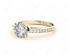 Round Cut Four Claws V Set Diamond Ring with Grain Set Side Stones . in 18K Yellow