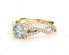 twist Band Round Cut Four Claw Set Diamond Engagement Ring with Pave Set Stones Down the Shoulders in 18K Yellow