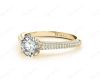 Vintage Style Round Cut Four Claw Set Diamond Ring with Micro Pave Set Stones Down the Shoulders In 18K Yellow