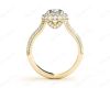 Round Cut Split Shank Milgrain Halo Engagement Ring with Micro Pave Set Diamonds on the Halo and sidestones in 18K Yellow