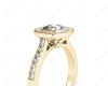 Cushion Cut Halo Ring with Bezel set centre stone with Side Stones in 18K Yellow