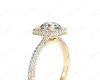 Round Cut Diamond Ring with Micro Pave Set Diamonds on Halo and Down the Shoulders in 18K Yellow