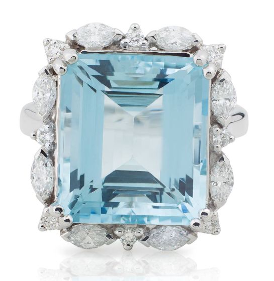 Emerald Cut 10CT Aquamarine Diamond Halo Ring In 18K  White Gold