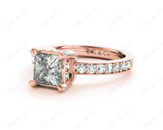 Princess Cut Diamond Engagement Ring with Claw set centre stone with Pave Set Prongs and Side Stones in 18K Rose