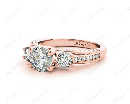 Three Stone Diamond Engagement Ring Round Cut with a Channel Share Prong Shoulder Setting in 18K Rose Gold