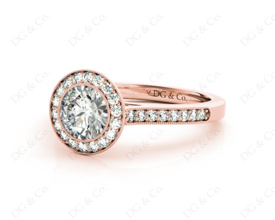 Round Cut Halo Diamond Engagement Ring with Bezel Milgrain Set Centre stone in 18K Rose