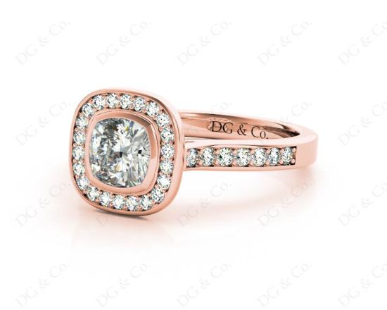 Cushion Cut Halo Ring with Bezel set centre stone with Side Stones in 18K Rose