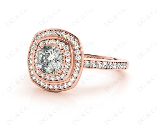 Double Halo Diamond Engagement Ring Round Cut with Claw Set Centre Stone Channel Setting Side Stones in 18K Rose Gold