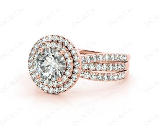 Round Cut Double Halo Diamond Engagement ring with claw set centre stone in 18K Rose