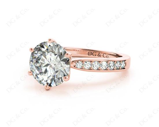 Round Cut Six Claw Set Diamond Ring with Pave Set Side Stones in 18K Rose