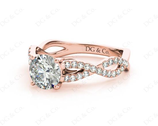 Twist Band Round Cut Four Claw Set Diamond Engagement Ring with Pave Set Stones Down the Shoulders in 18K Rose