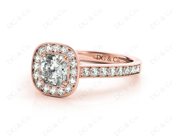 Cushion Cut Halo Diamond Ring with Milgrain Prong Set Centre Stone in 18K Rose