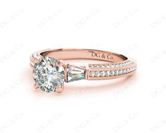 Vintage Style Round Cut Four Claw Diamond Ring with Pave Milgrain Set Side Stones In 18K Rose