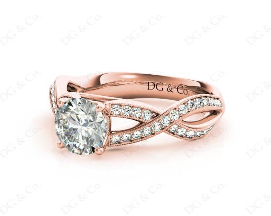 Twist Band Round Cut Four Claw Set Diamond Ring with Pave Set Stones Down the Shoulders In 18K Rose