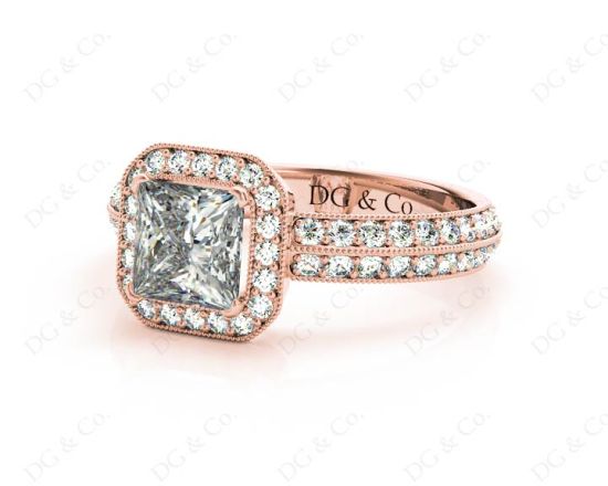 Princess Cut Halo Ring with Milgrain Claw Set Centre Stone in 18K Rose