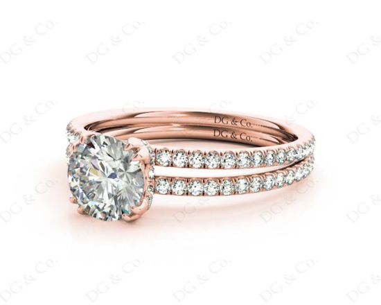 Round Cut Four Double Claw Set Diamond Ring with Pave Set Diamonds Down The Shoulders in 18K Rose