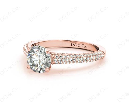 Vintage Style Round Cut Four Claw Set Diamond Ring with Micro Pave Set Stones Down the Shoulders In 18K Rose