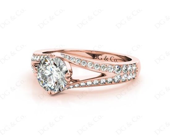 Round Cut Four Claw Set Diamond Ring with Round Cut Diamonds Down the Shoulders in 18K Rose