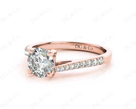 Round Cut Four Claw Set Diamond Ring with Pave Set Diamonds Down the Shoulders in 18K Rose