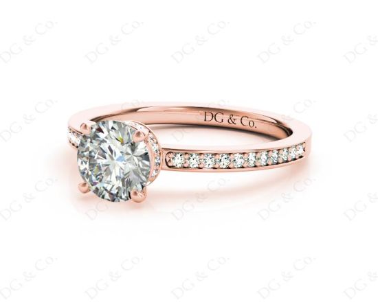 Round Cut Four Claw Set Diamond Ring with Round Share Prong Set Side Stones in 18K Rose