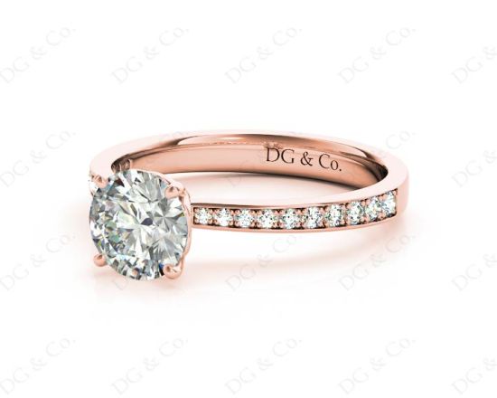 Round Cut Four Claw Set Diamond Ring with Round Cut Diamonds Pave Set Down the Shoulders in 18K Rose