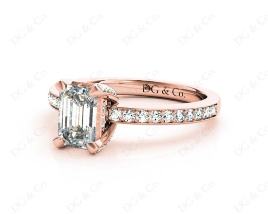 Emerald Cut Four Claw Diamond Ring with grain set side stones in 18K Rose