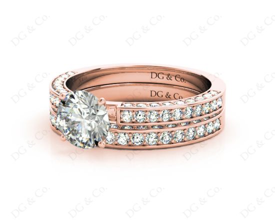 Engagement and Wedding Set Round Cut Diamond Rings with Pave Setting Side Stones in 18K Rose