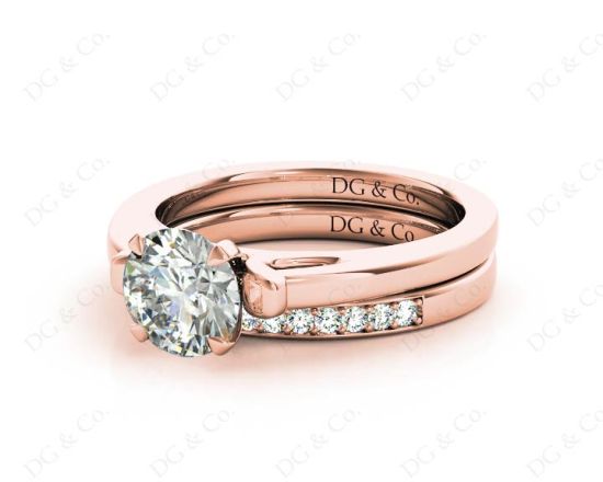 Round cut diamond wedding set rings with channel set shoulders in 18K Rose