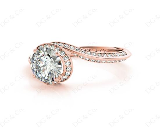 Round Cut Twist band claw set diamond with grain set side stone in 18K Rose