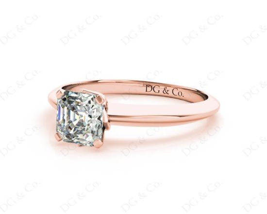 Asscher Cut Four Claw Set Diamond Ring on a Plain Knife Edge Band in 18K Rose