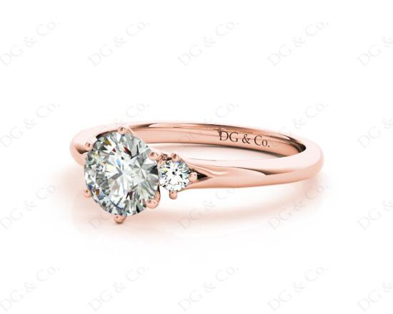 Round Cut Claw Set Trilogy Diamond Ring with Plain Band in 18K Rose