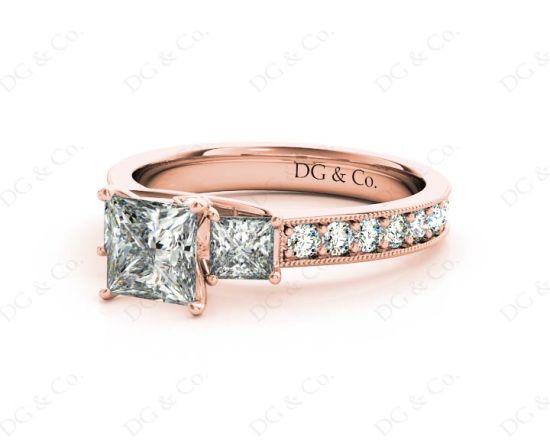 Princess Cut Trilogy Ring with Milgrain set shoulder diamond in 18K Rose