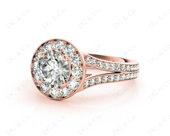 Round Cut Halo Diamond Engagement ring with claw set centre stone in 18K Rose