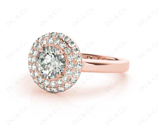 Round Cut Double Halo Diamond Engagement ring with claw set centre stone in 18K Rose